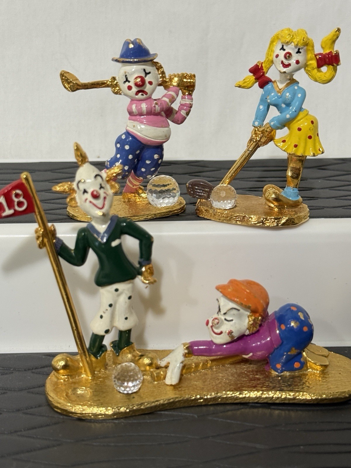 Rare Spoontiques Golfing Clowns Pewter Gold Plated Figurines Swarovski Crystals