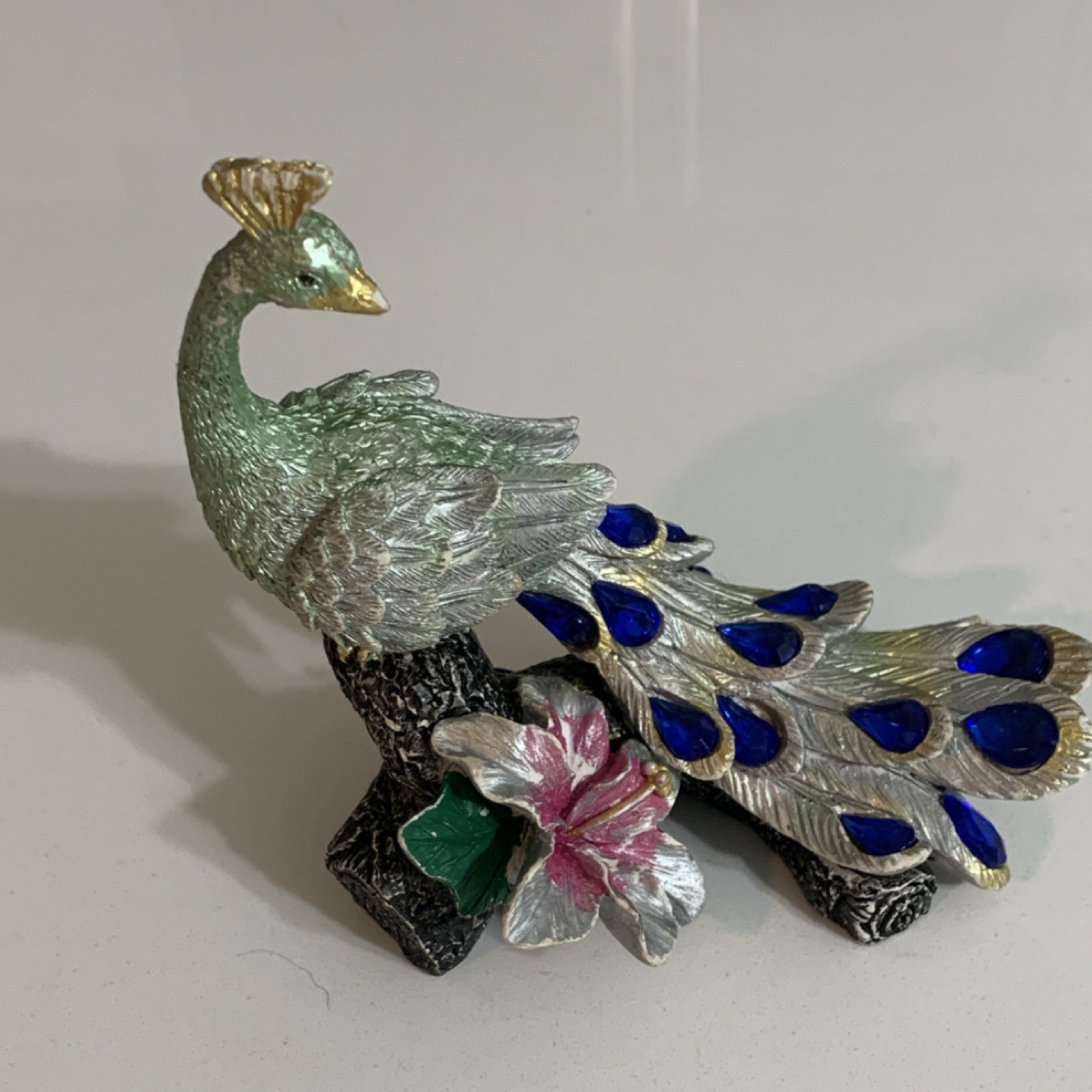 Metallic Peacock Figurine Silver Blue Green Pink Metal Animal Decor