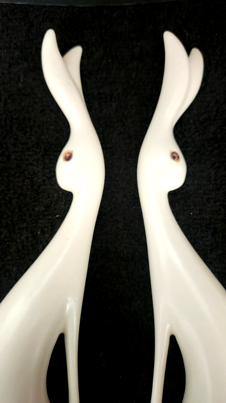 2 Modern White Bunnies Easter Rabbits Ceramic Slim Figures Statue Purple RS Eyes