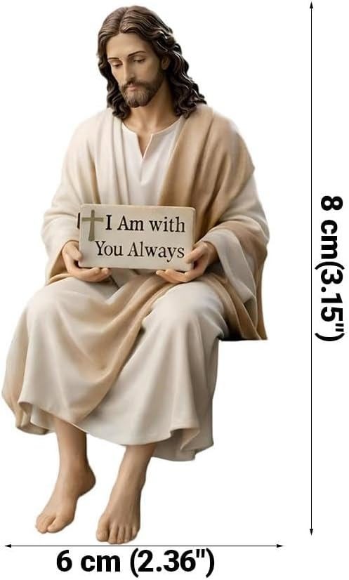 Sitting Jesus Christ Statue with”I Am with You Always” Sign Jesus Resin Figurine
