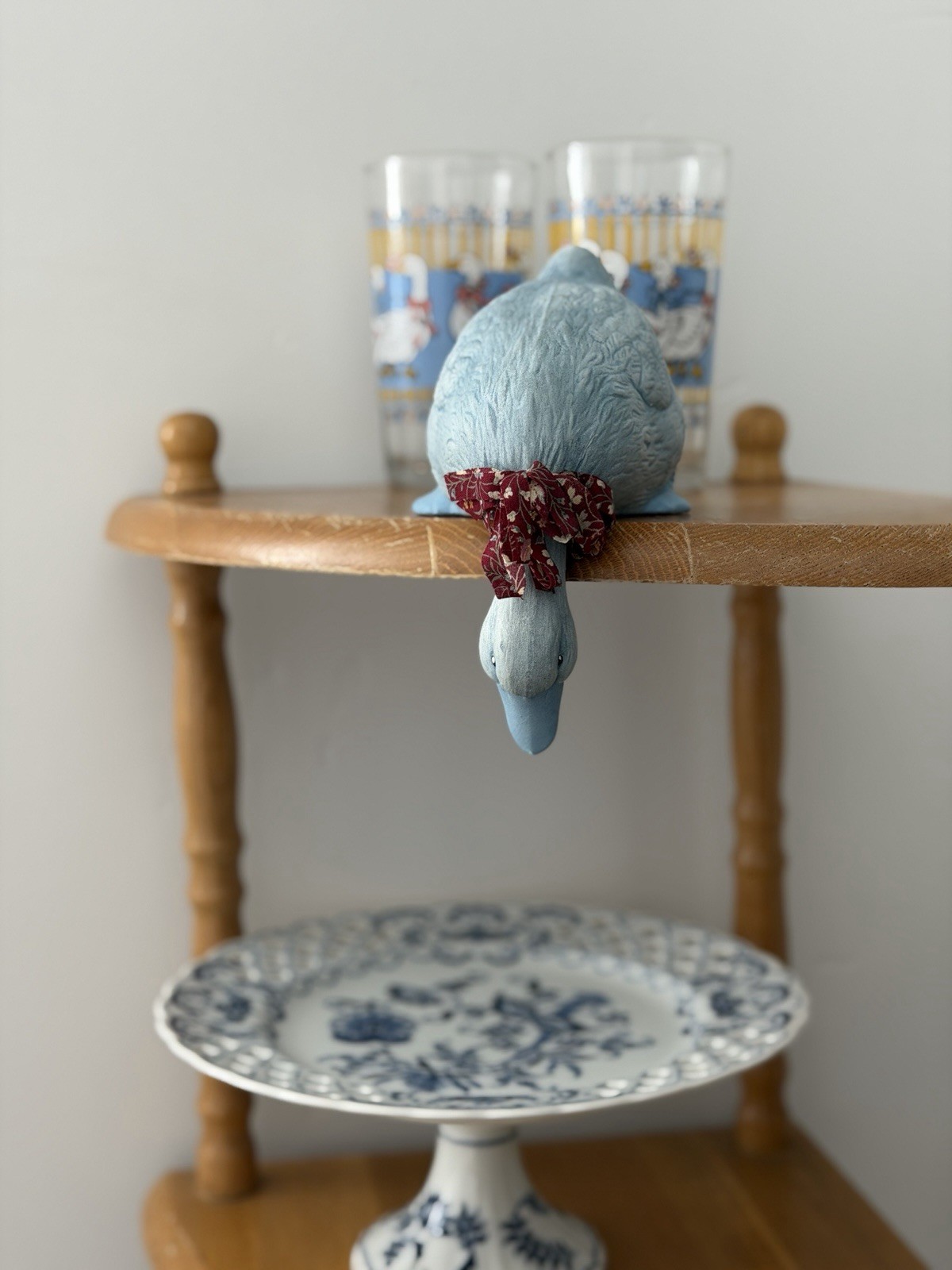 Vintage Ceramic Goose Shelf Sitter Blue Hand Painted Country Cottagecore 1980s