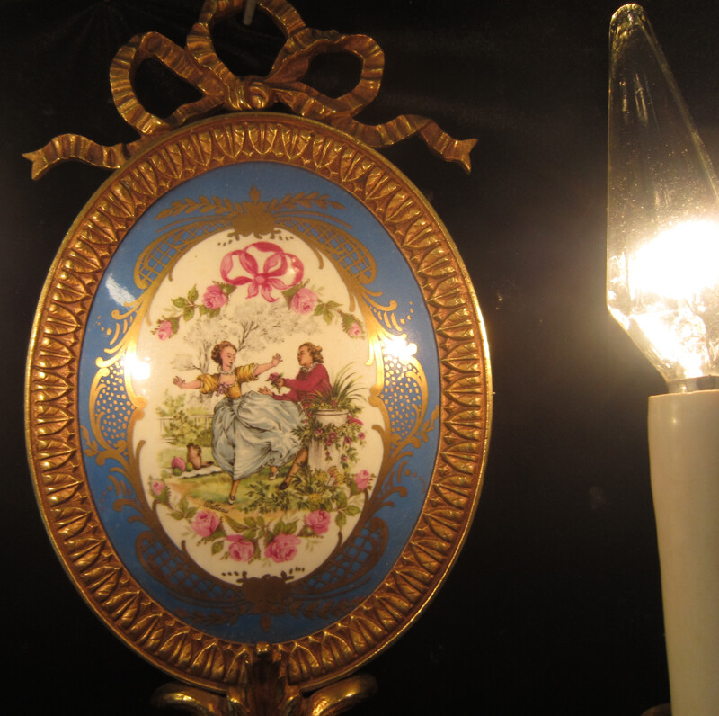 Pair 2-lite Sevres French Dore bronze sconce Porcelain Plaque like KPM