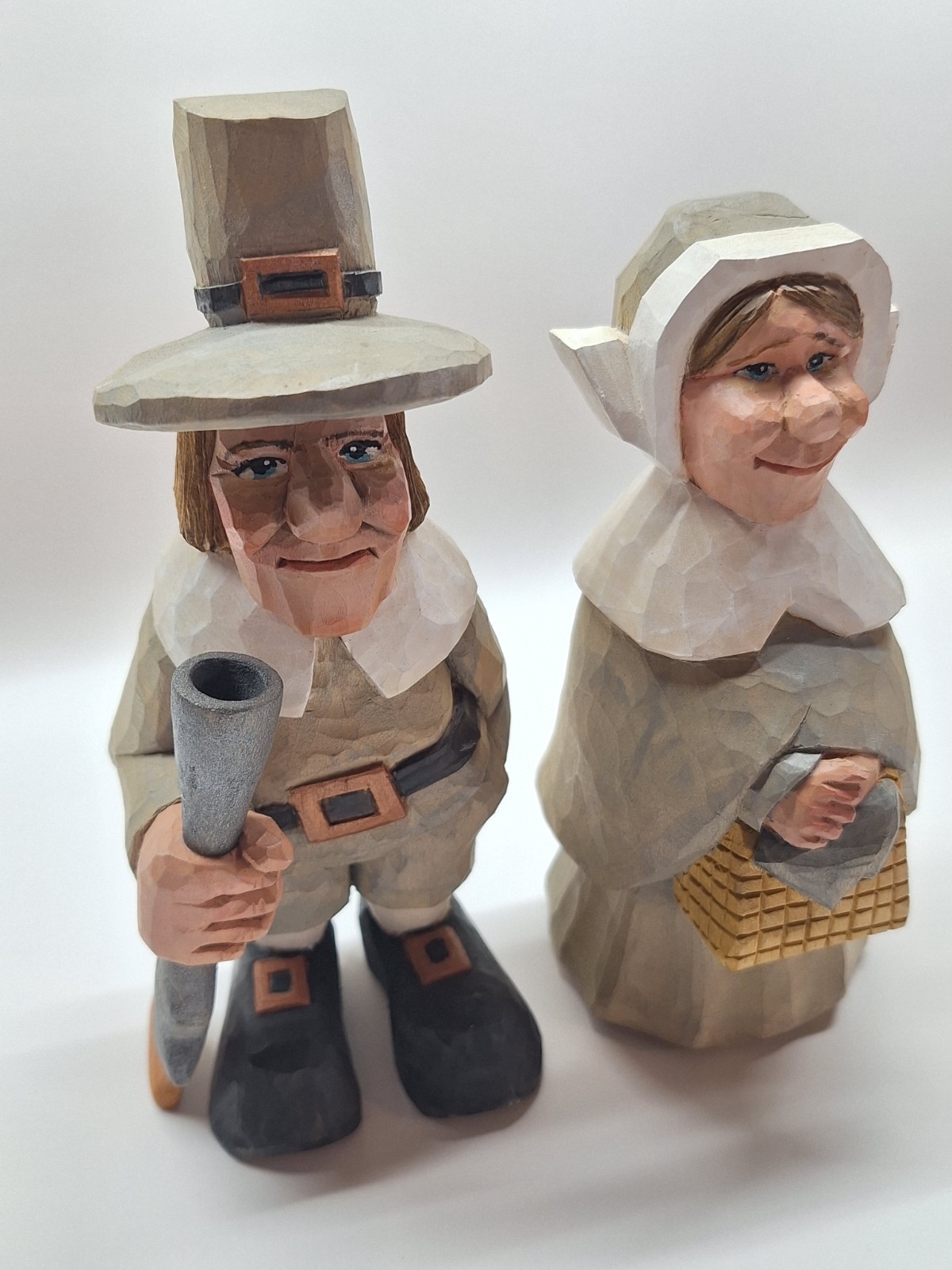 Hand Carved Pilgrim Couple “Miles & Priscilla” by Jerry Hawkins 1994 Folk Art