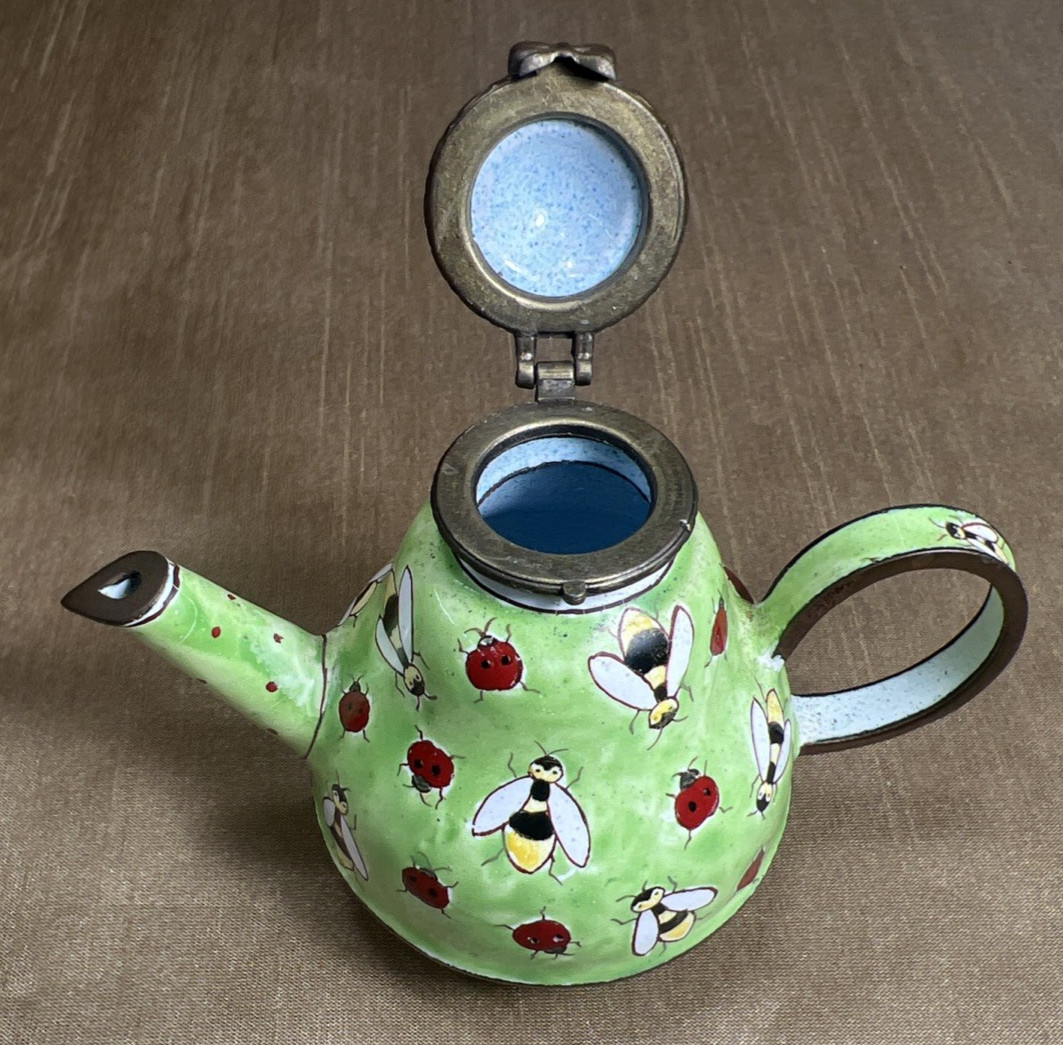 VTG Kelvin Chen Handpainted Enamel Copper Teapot Bees & Ladybugs 1999 Hinged Lid