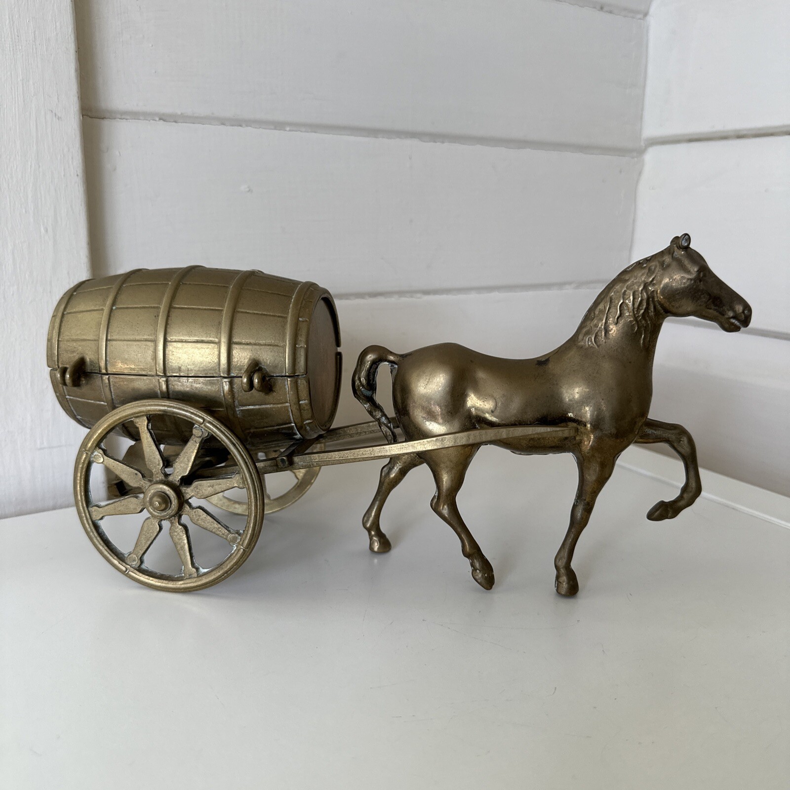 Brass Horse and Barrel Carriage Figurine Money Box Italy Vintage 28cm Long