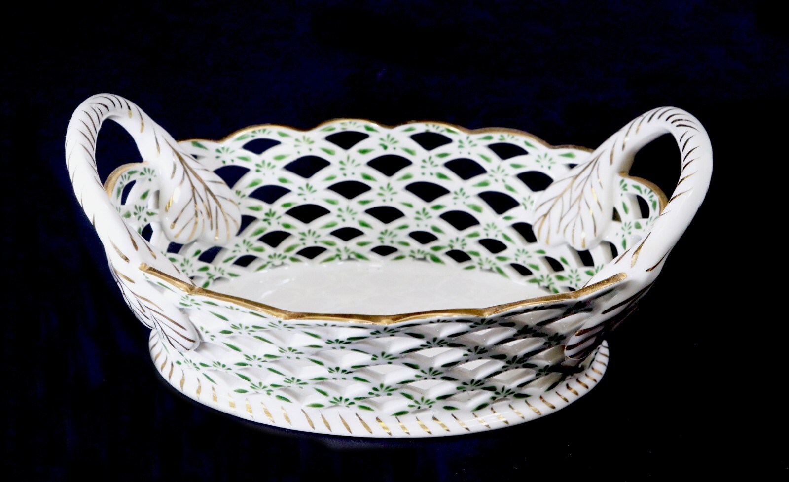 Andrea by Sadek Lattice Weave Two Handle Porcelain Basket White Green and Gold