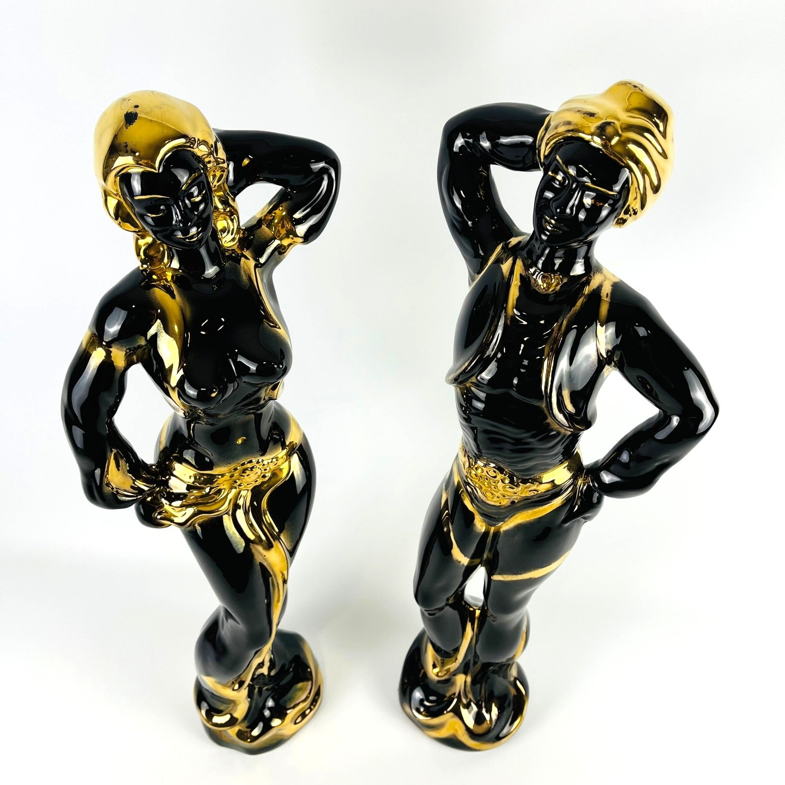 VTG 27″ Black Gold Ceramic Exotic Dancer Pair Hollywood Regency Tiki Blackamoor