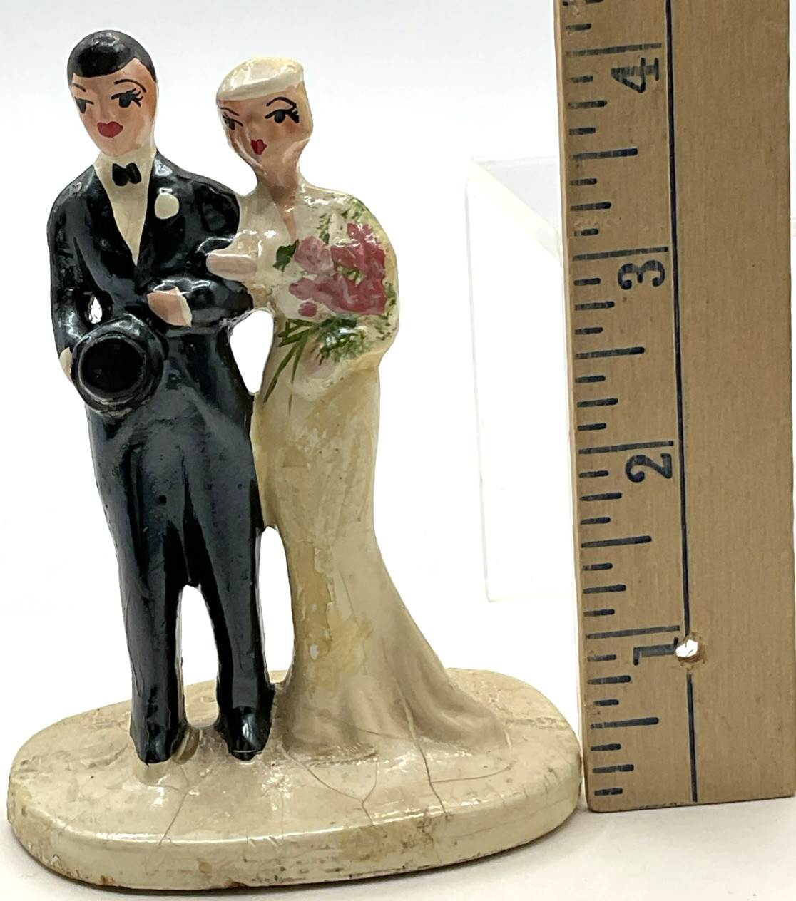 Vintage Chalkware Wedding Cake Topper Man Woman Marriage Formal Hand Painted
