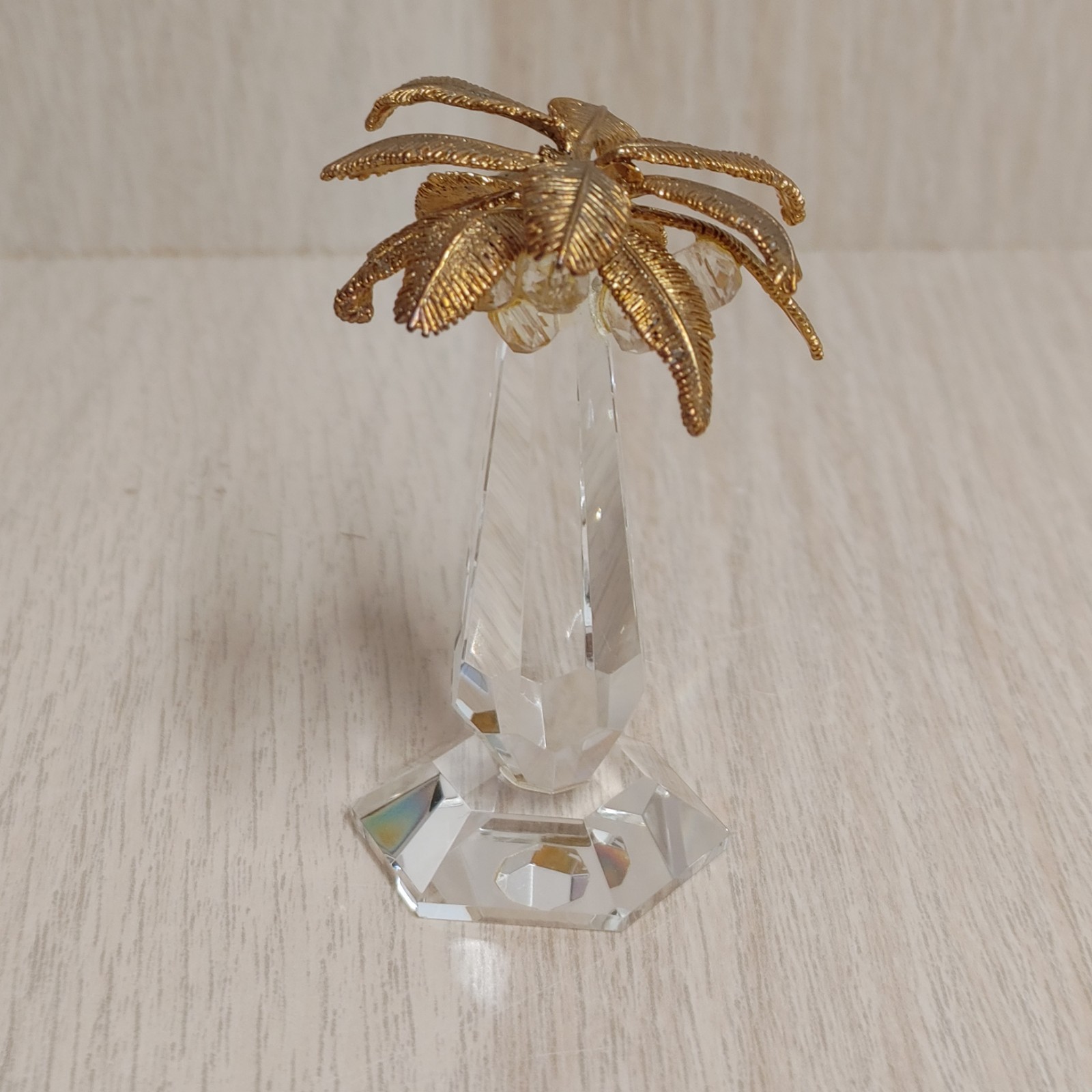Crystal Palm Tree Figurine Gold-Toned Metal Leaves 2 3/4″ Tall