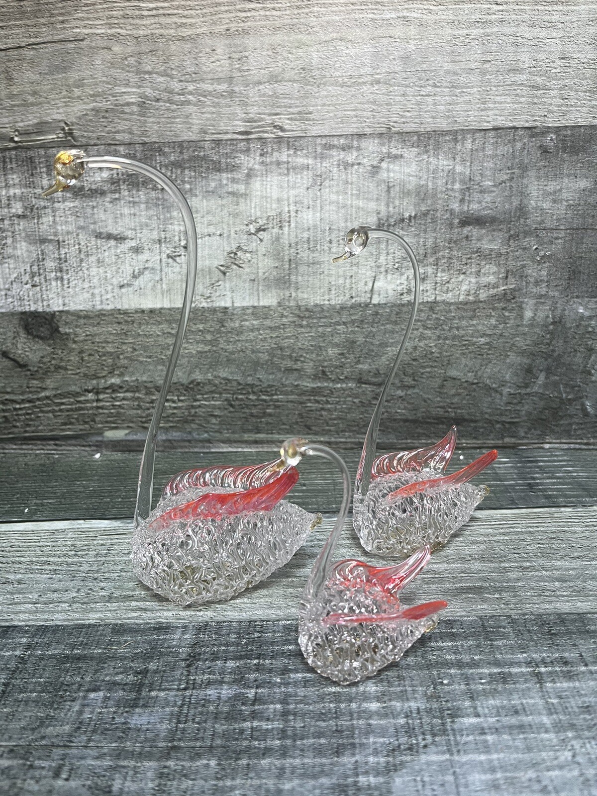 Set Of 3 Clear Blown Glass Swan Figurines With Pink Wings