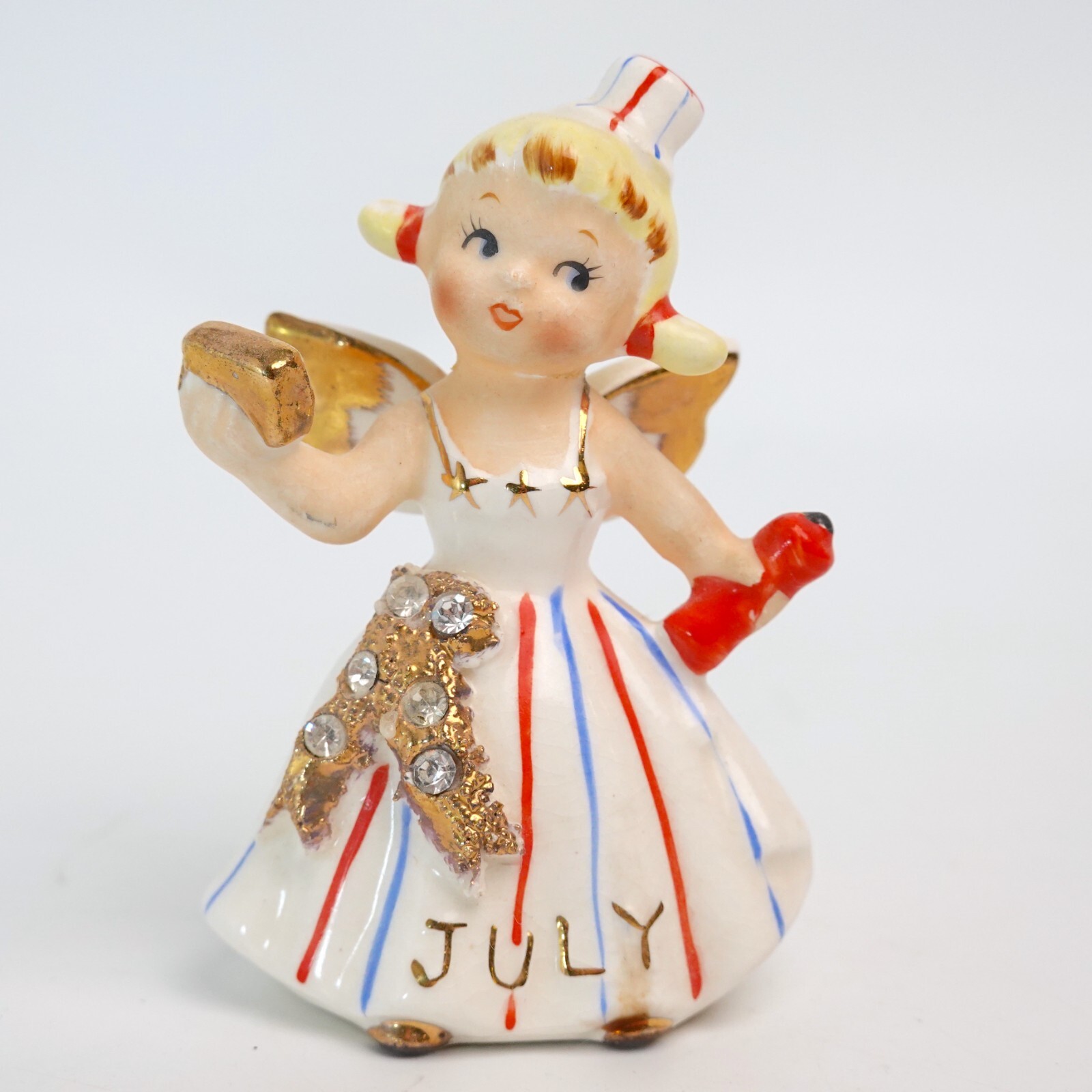 Lefton RARE SMALL SIZE 1957 July Angel with Red White Blue Firecracker READ 3.5″