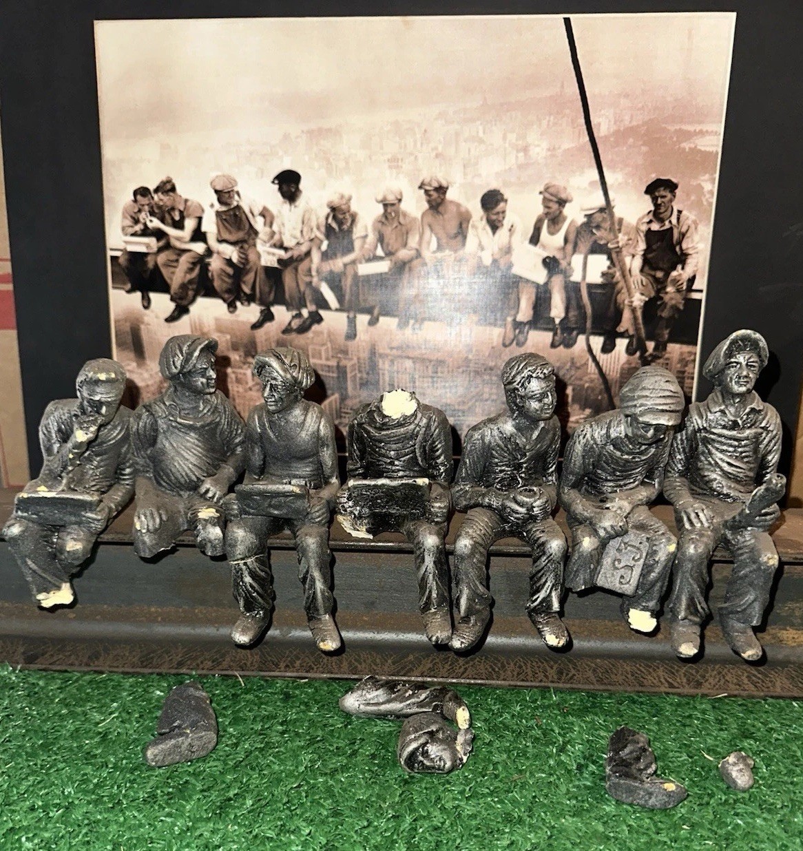 “Lunch Atop a Skyscraper” Clay Resin Sculpture – Real Steel Beam Broken Pieces