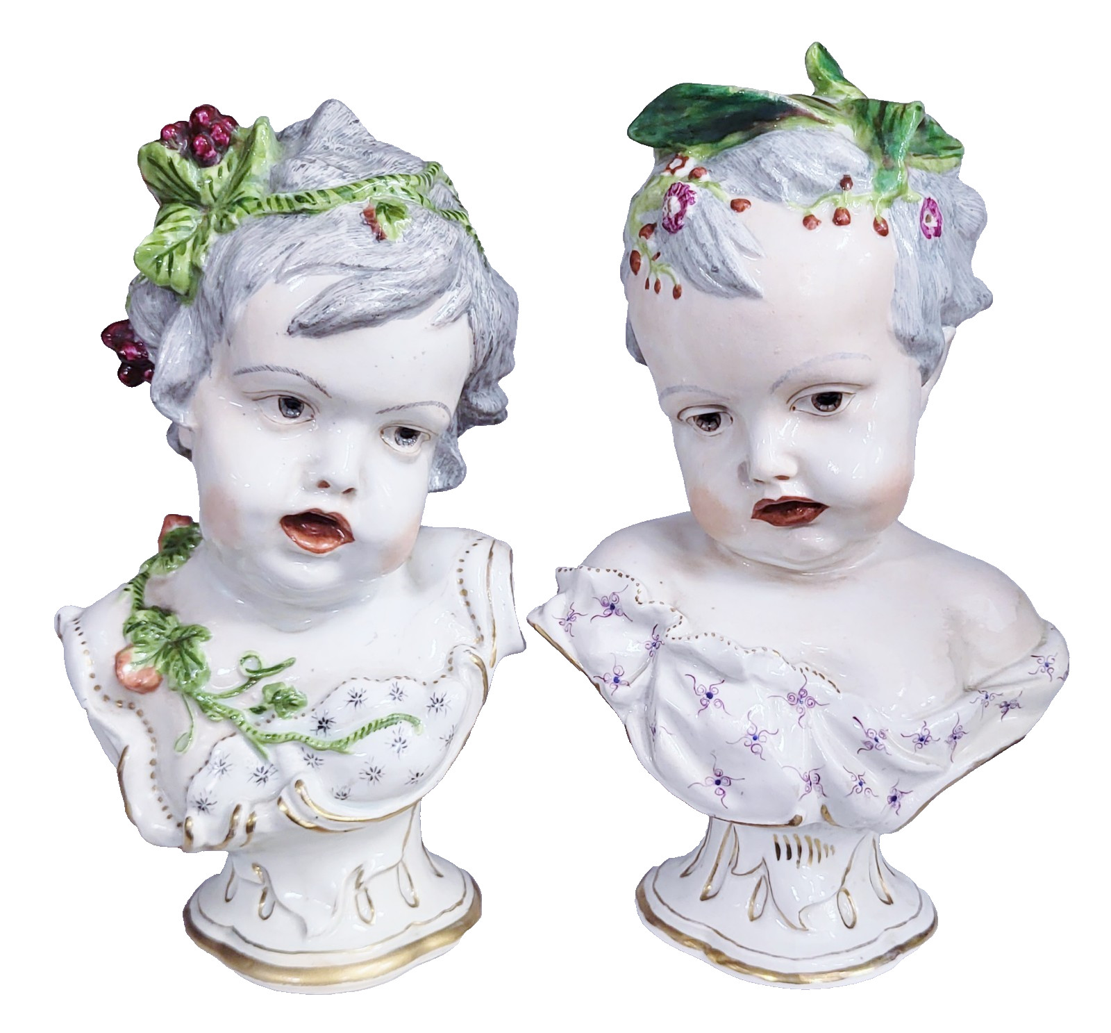 PAIR Antique GERMAN 19th C MEISSEN Dresden French Samson PORCELAIN BUST Boy Girl