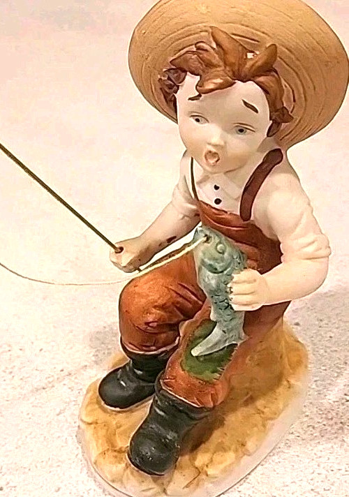 Vtg Hand Painted Boy w/ Fishing Pole & Fish Ceramic Porcelain Figure Child Decor
