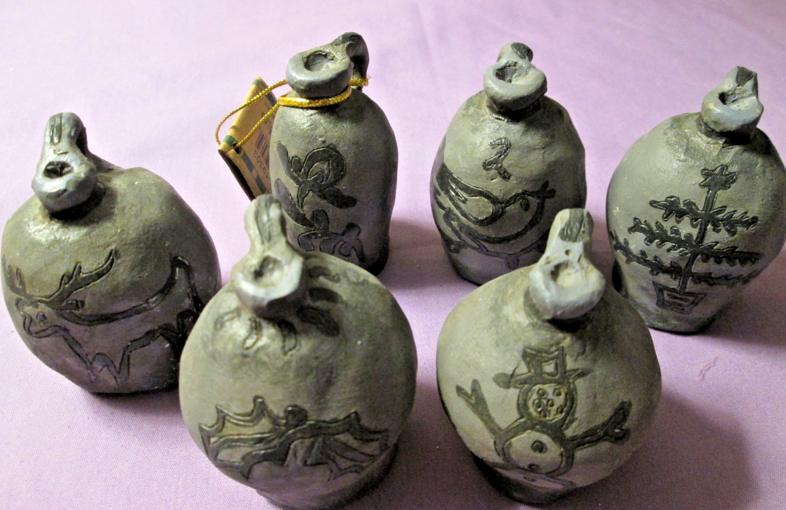 6 Mini Blossom Bucket Rustic Primitive Folk Art Gray & Black Urns Jugs Figurines