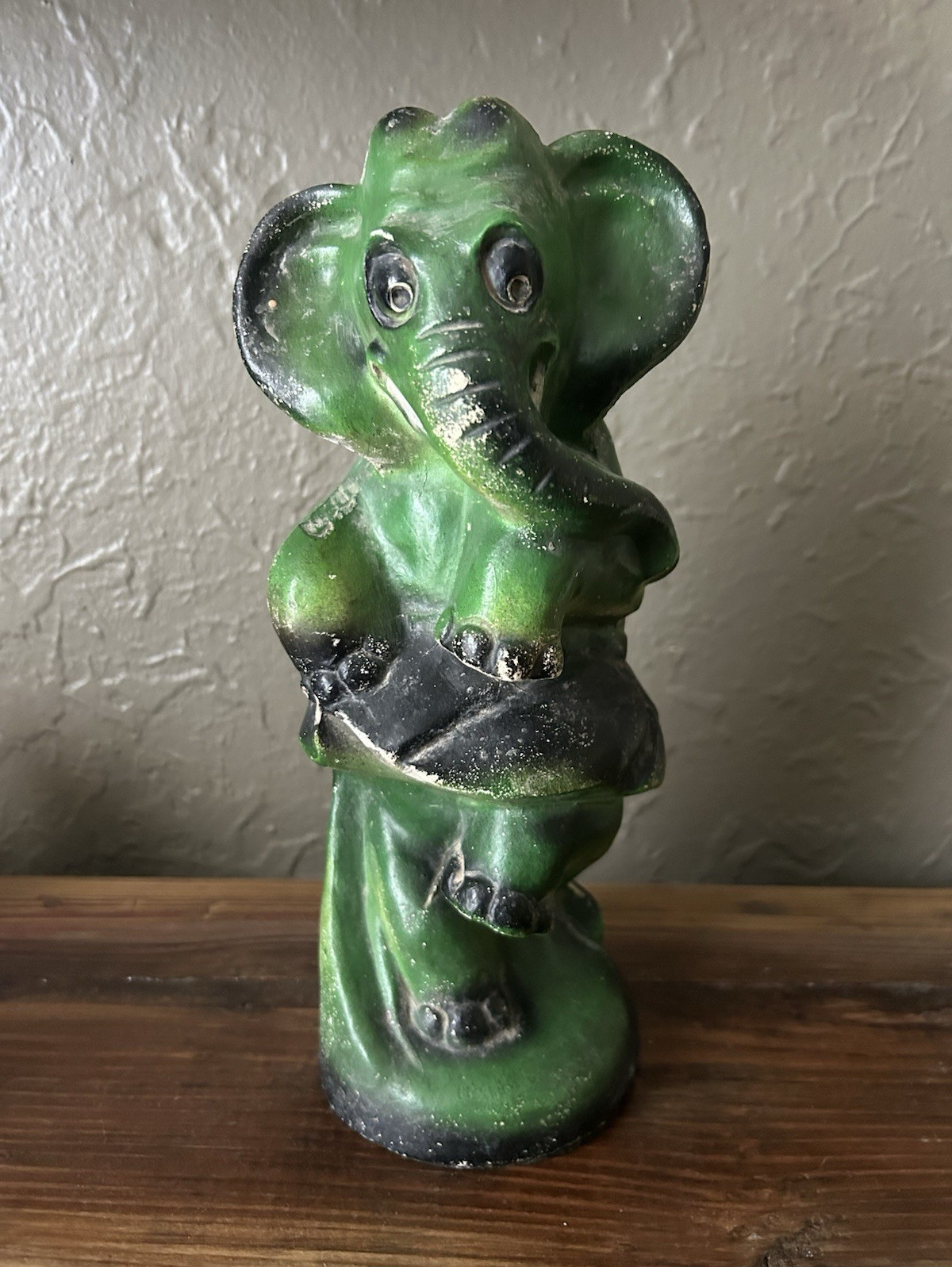 Vintage 1960s-1970s Green Chalkware Elephant Statue Dancing the Can-Can. 10.5”!