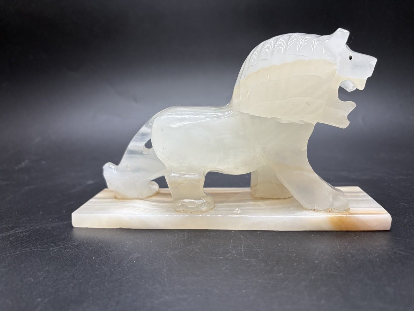 Vintage Hand Carved Art Deco Style Onyx Stone Lion On Onyx Base Sculpture