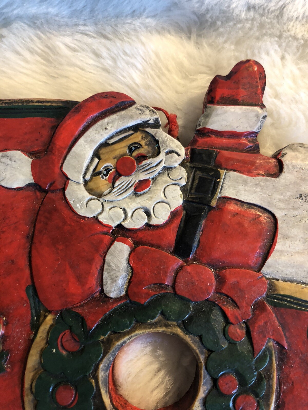 Wooden Santa Wall Hanging Joy Spell Out Red Wreath Handmade Christmas D