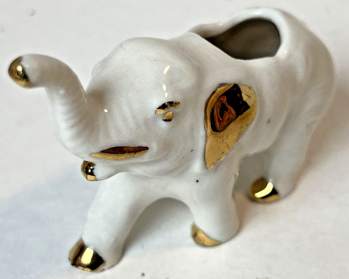Vintage Miniature Elephant Planter Toothpick Holder White Porcelain Gold Accents
