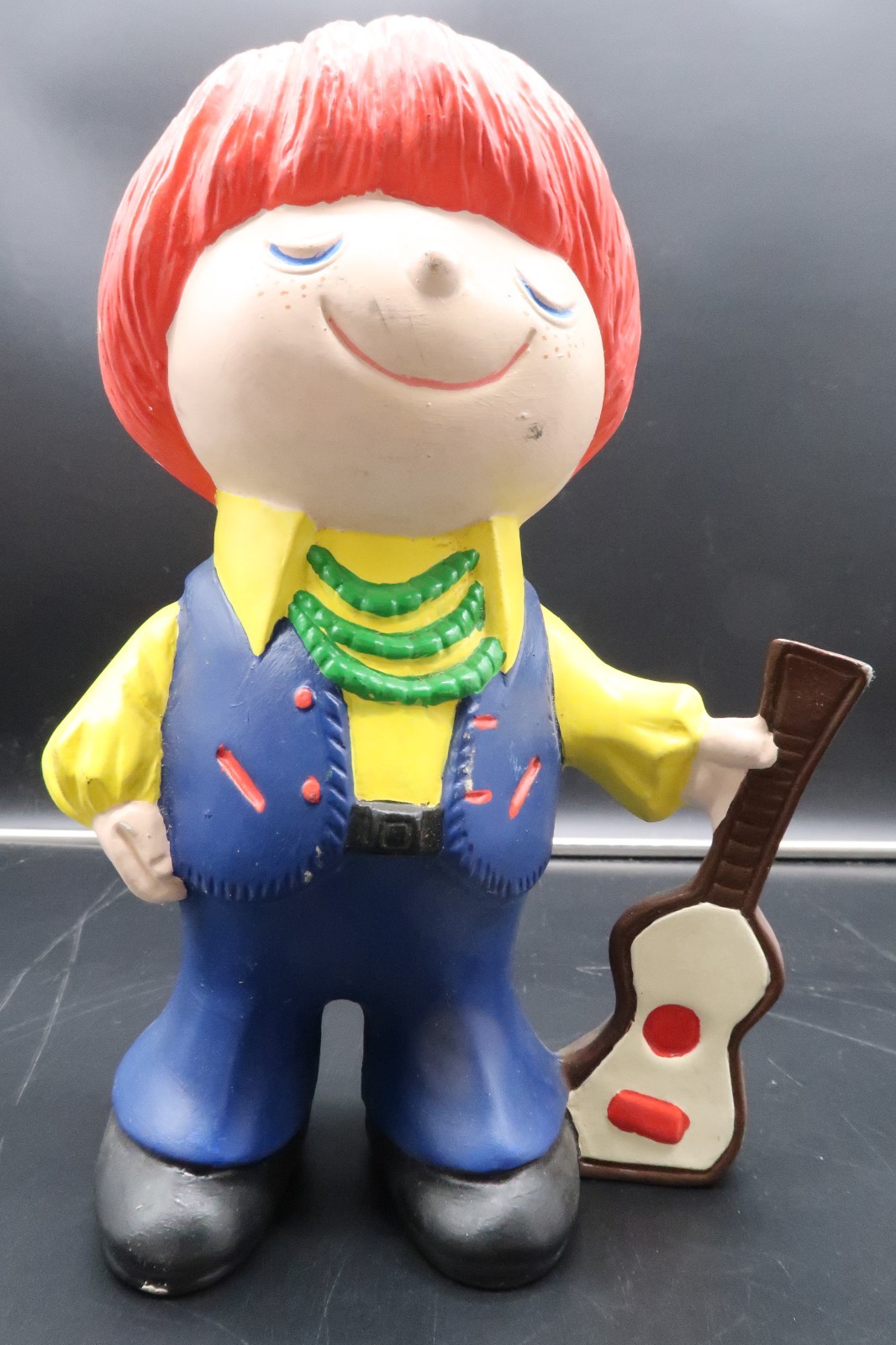 Vtg Ceramic Red Hair Hippie Flower Power Boy Child Peace Vest Guitar Figurine
