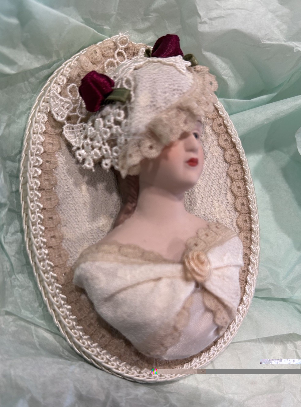 Victorian Lady Bust Head Figure Hanging Wall Decor with Lace Hat Bisque Ceramic