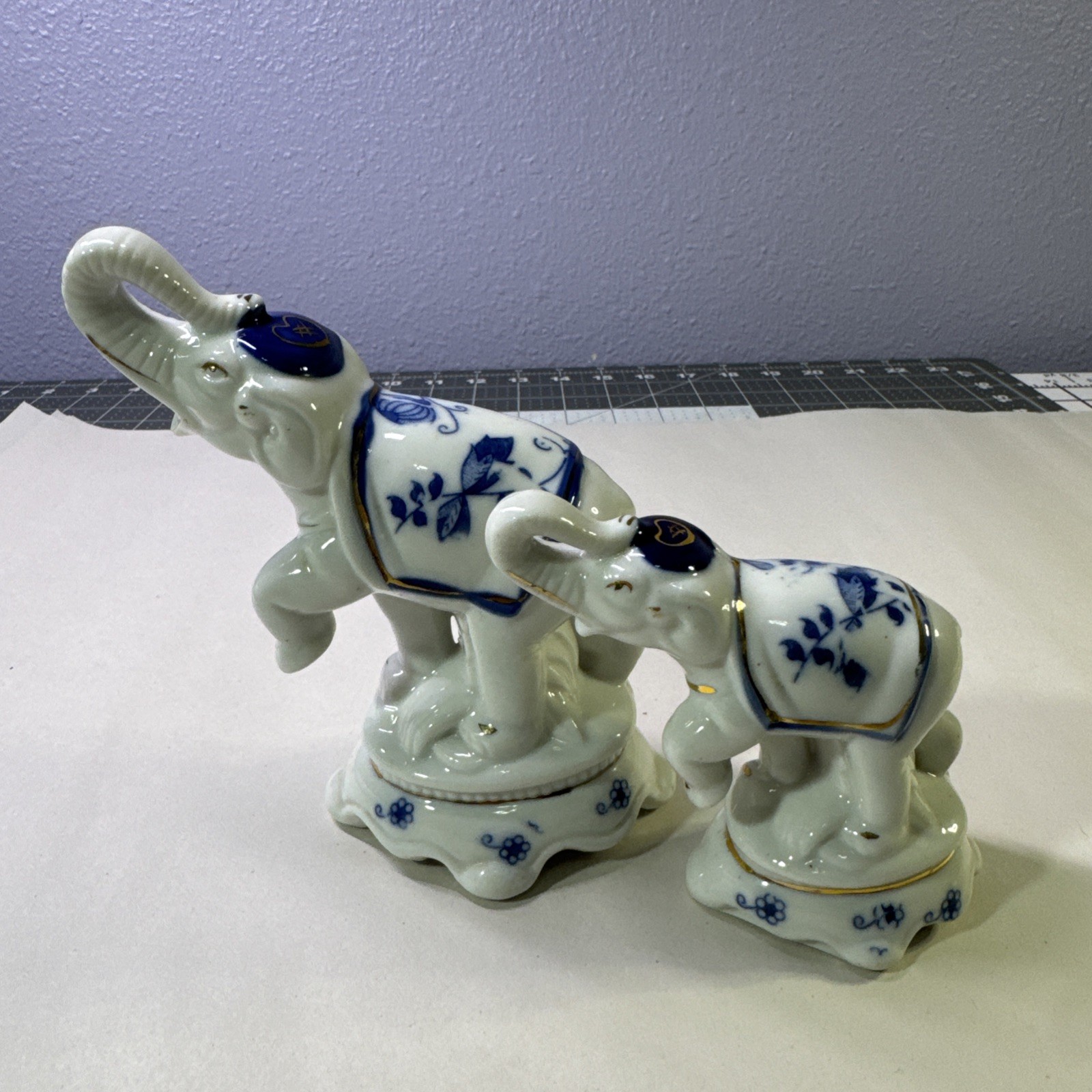 Porcelain White and Blue Pattern Elephants Oriental Asian Style 2 sizes set.