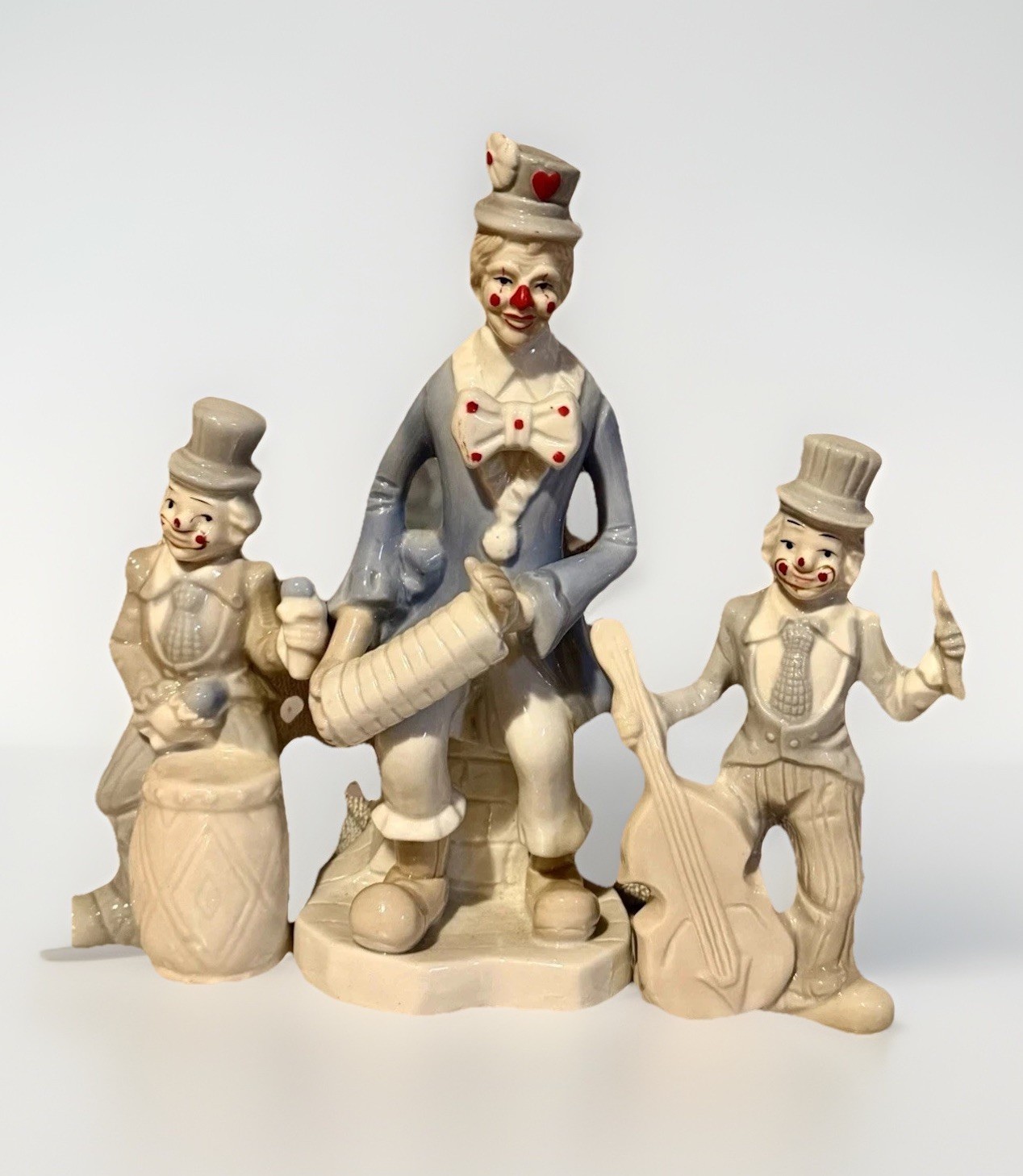 Vtg Ceramic Clowns With Instruments Set Of 3 Pale Blue, Gray With Red Detail