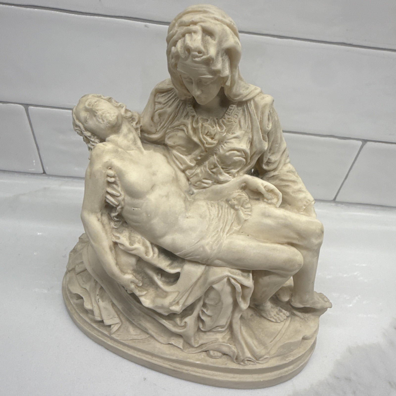 Italian Pieta Sculpture After Michelangelo P.A.T. Alabaster Religious Statue 6”