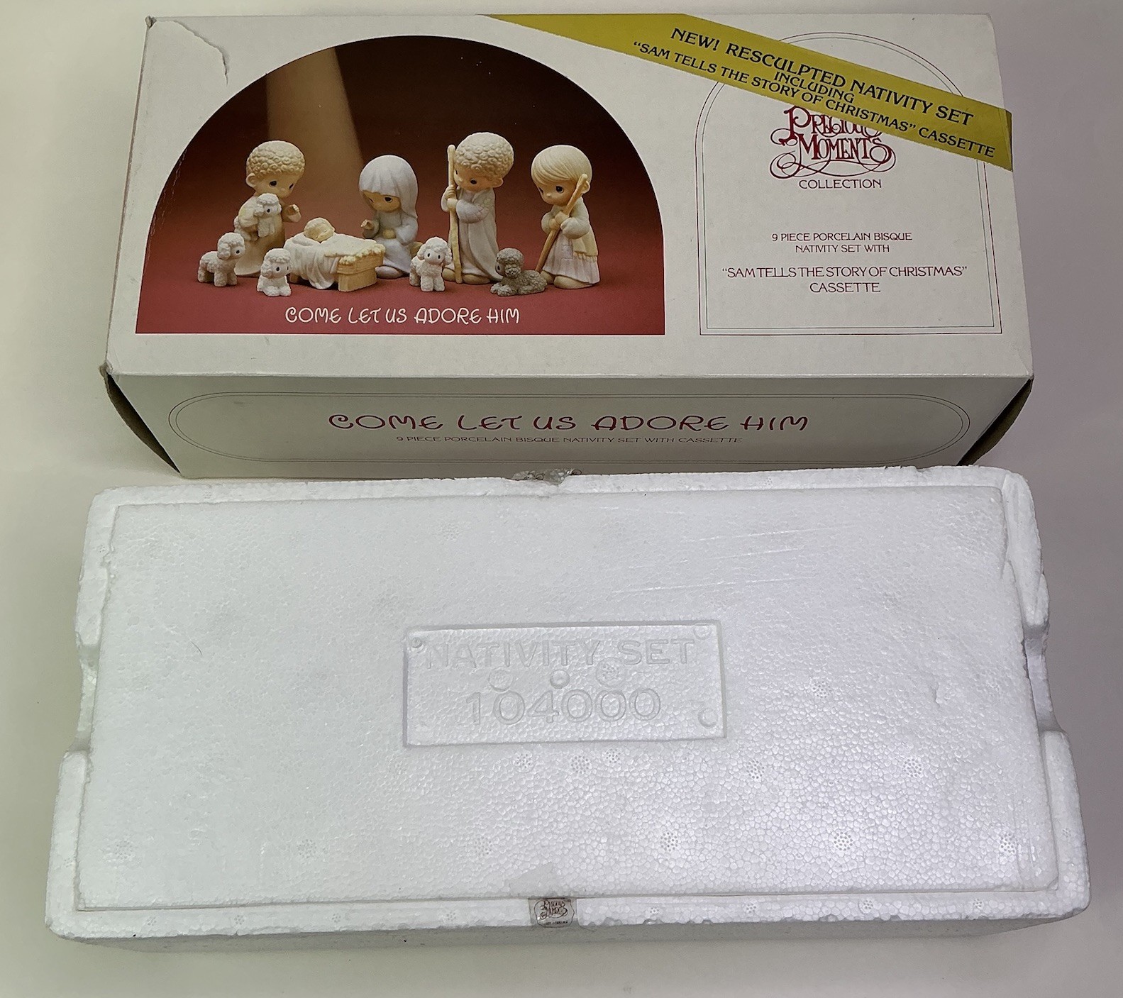 Precious Moments 9 Pc Nativity Set” Come Let Us Adore Him” w/Sealed Cassette 86’