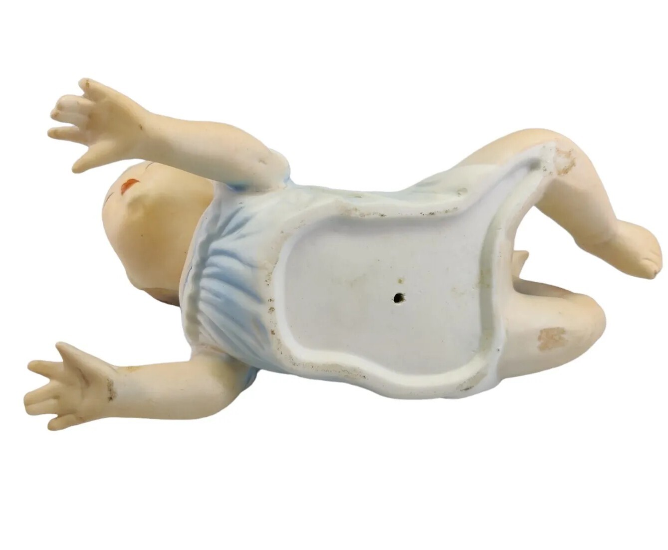 Vintage German Bisque Piano Baby Boy Blue Eyes and Clothes Crawling