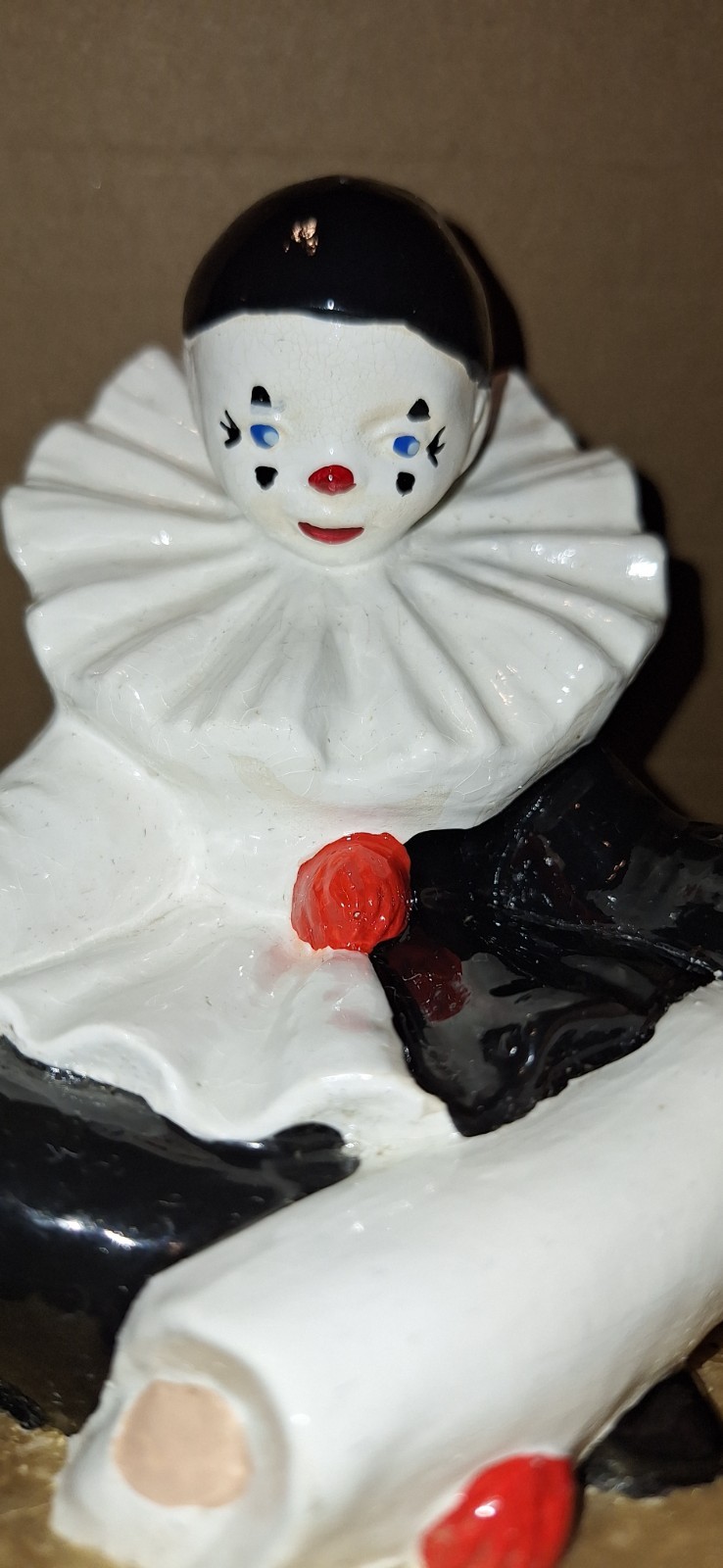 Pierrot Hand Painted Ceramic Circus Clown Figurine, White Black Red Gold, 5 in