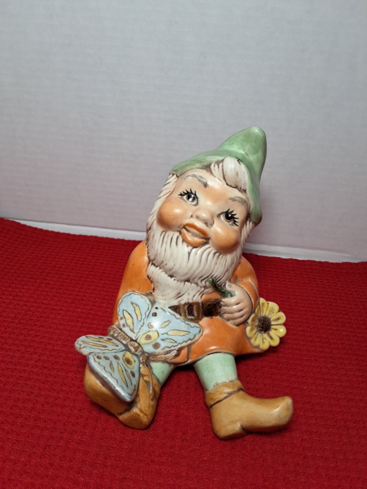 Vintage Handcrafted/Painted Ceramic Atlantic Mold Garden Gnome w/Butterfly 6″x4″