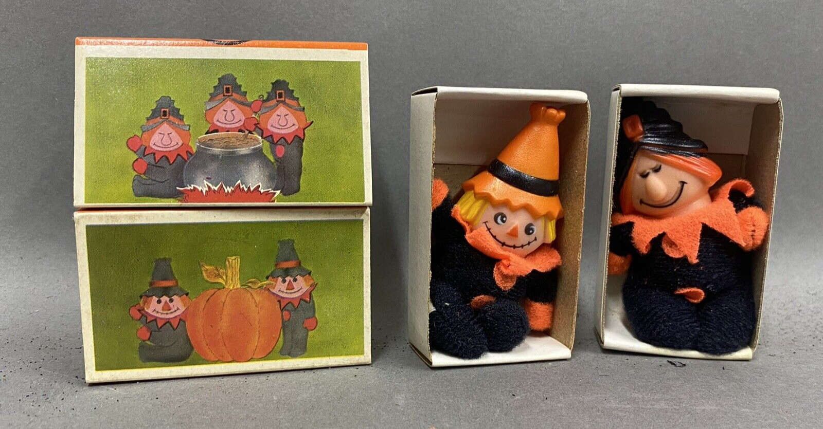 Pair of 1970’s Vintage HALLOWEEN Fun World MATCHPACK MASCOTS Scare Crow Witch