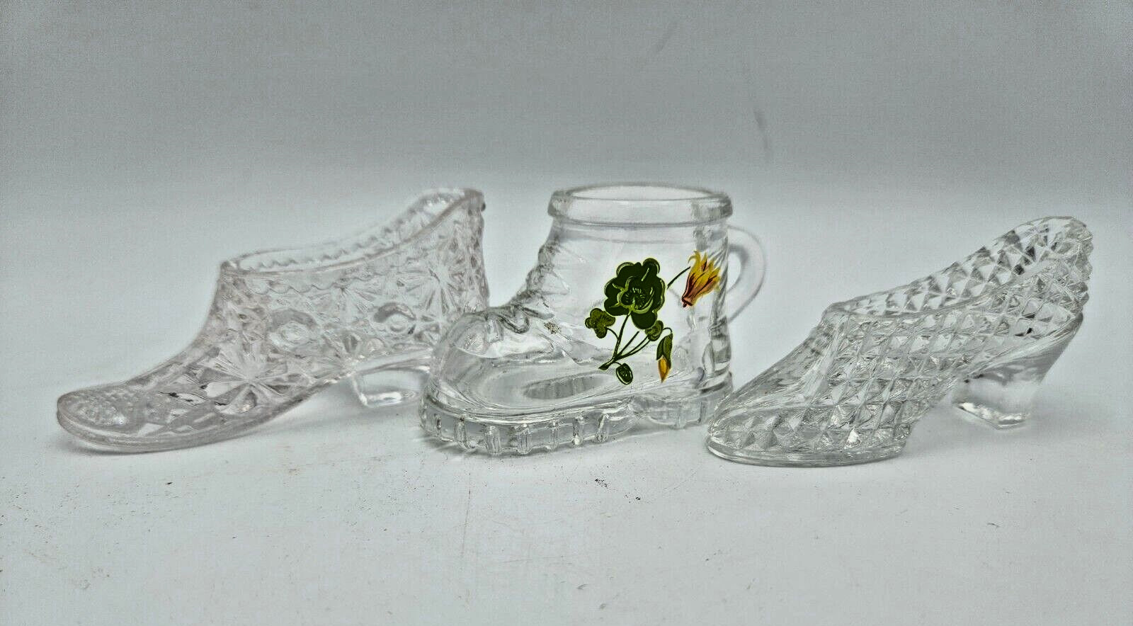 Three Vintage Glass Shoes and Boots Clear Glass with Tinges of Green and Pink