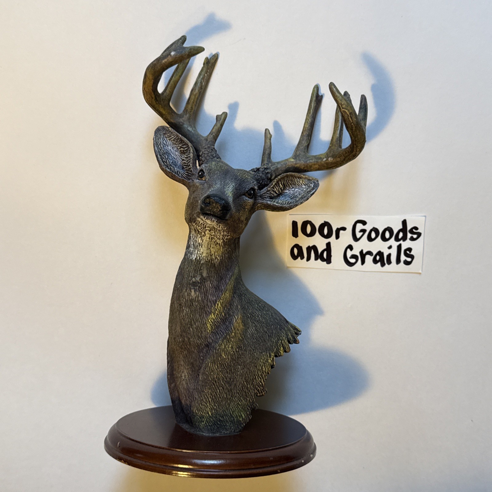 Vintage Deer Buck Bust Figurine Statue Faux Bronze Resin Wood Base Lodge 9.5″