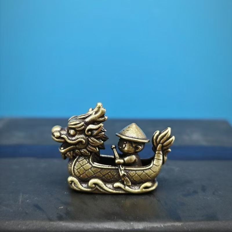 Mini Brass Dragon Boat Figurine Fisherman Rowing Feng Shui Luck Decor