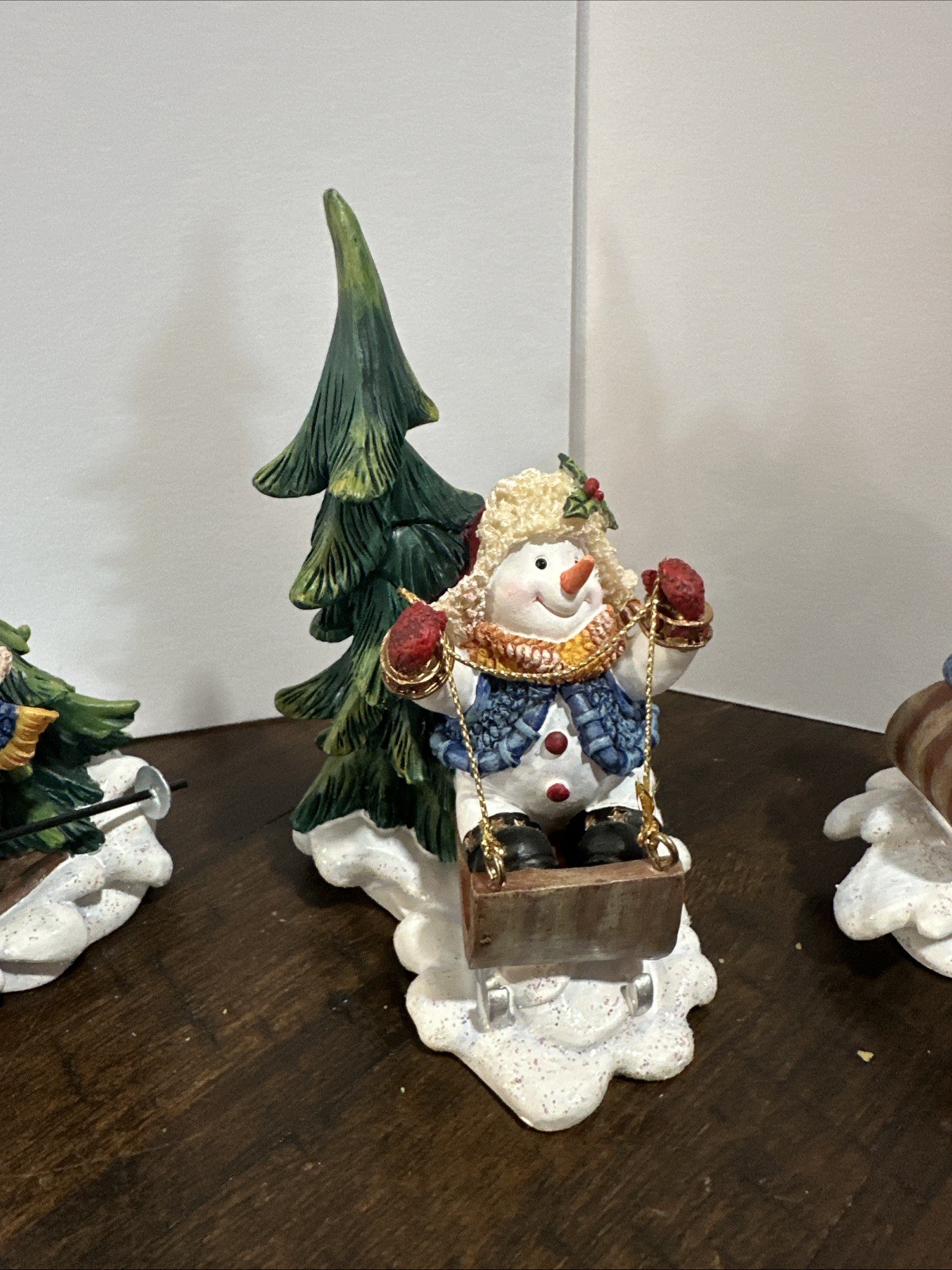 Home Interiors 3 Piece Snowmen Sledding and Skiing Retired
