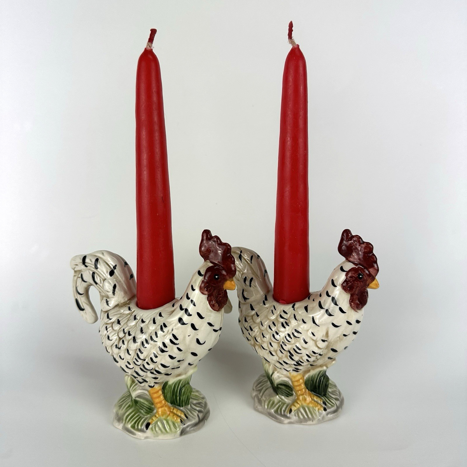 Vintage J. Willfred Handpainted Rooster Candle Holders Ceramic Sadek Import 4.5”