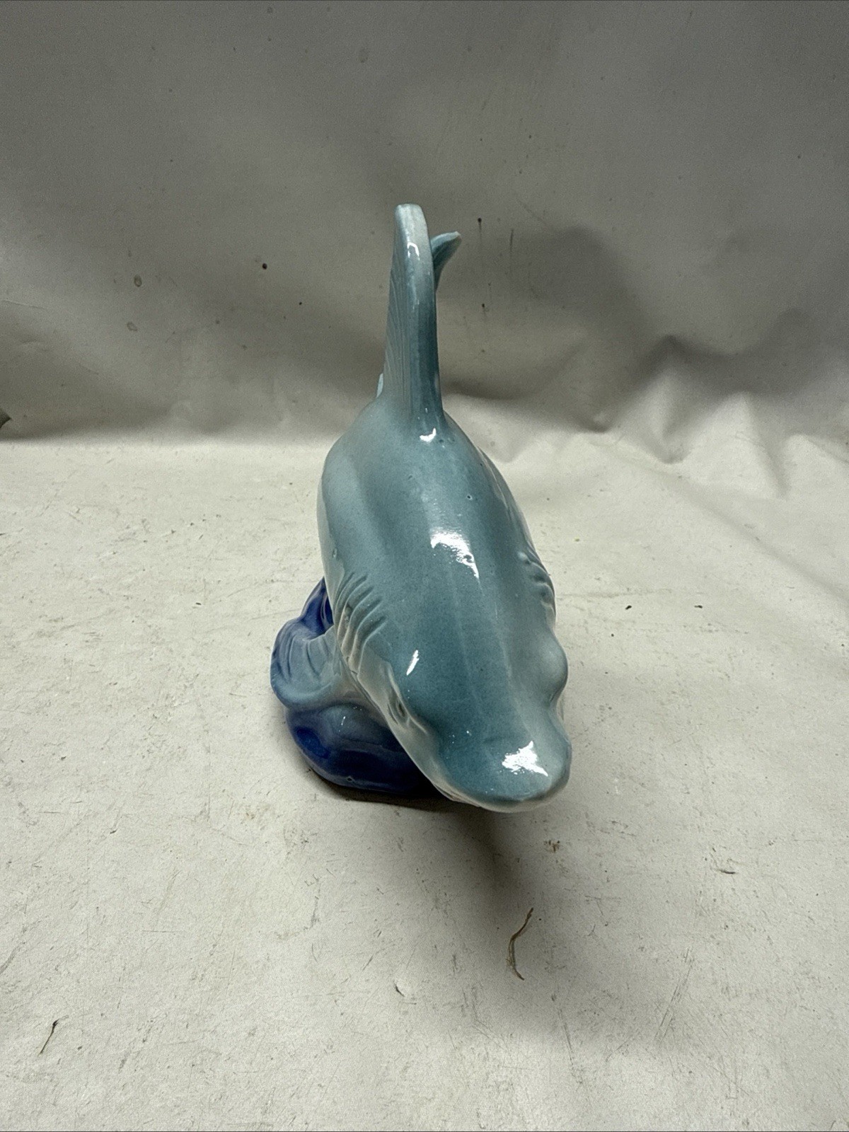 Vintage Glazed Ceramic Great White Shark Blue Figurine Made in Brazil 8.5” x 5”
