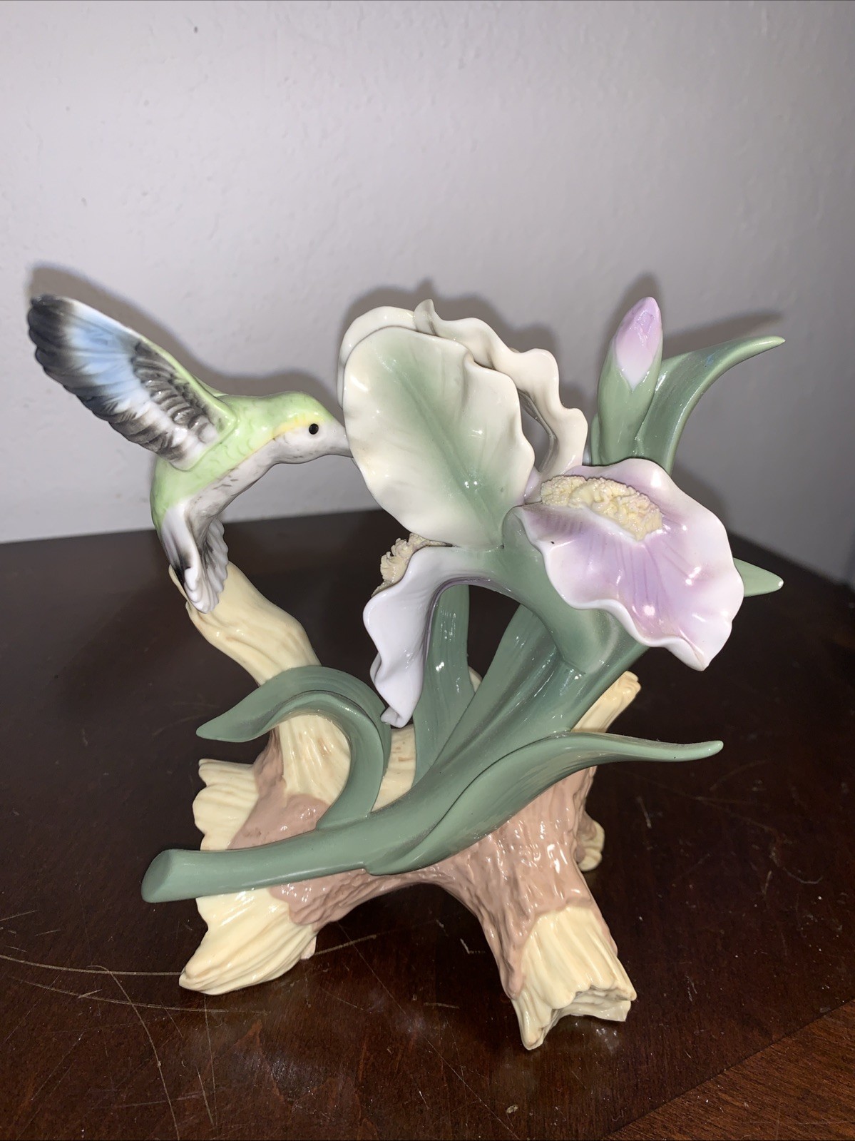 Green Hummingbird Porcelain Figurine with Iris 7” X 7” X 3.5”