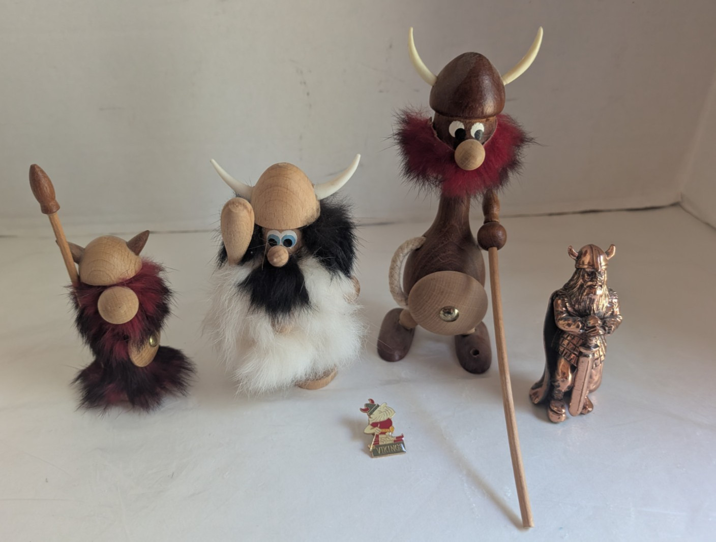 Vintage Wooden Fur Hair Beard Viking Figures Lot of 3 Denmark w/2 other Vikings