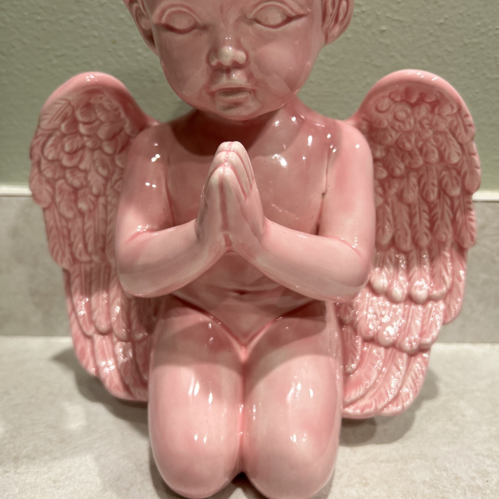 Angel Cherub Figure Kneeling Praying Hands Wings- 10″ Tall- Pink Gloss