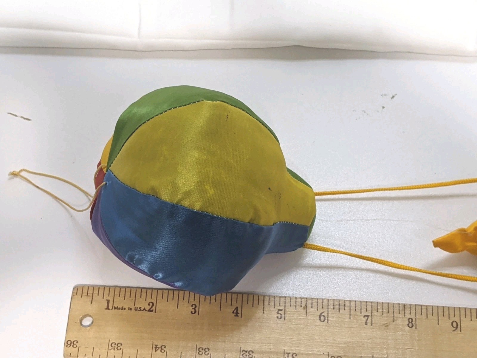 Bisque Hanging Clown Doll Rainbow Hot Air Balloon Poseable Arms Yellow Satin Vtg