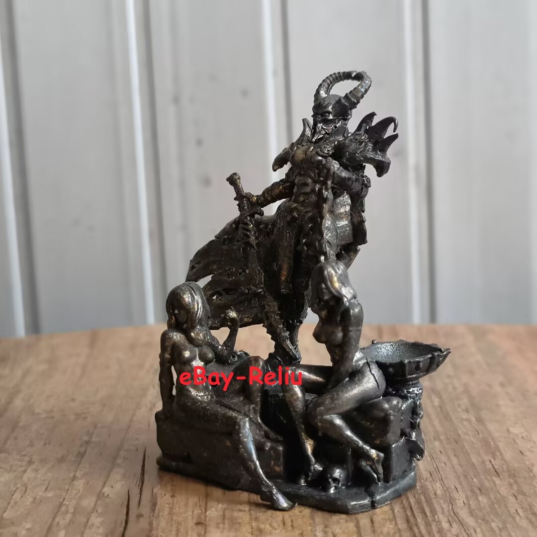 Solid Copper Vintage Skeleton Warrior with 2 Sexy Maid Beauties Ornament Decor