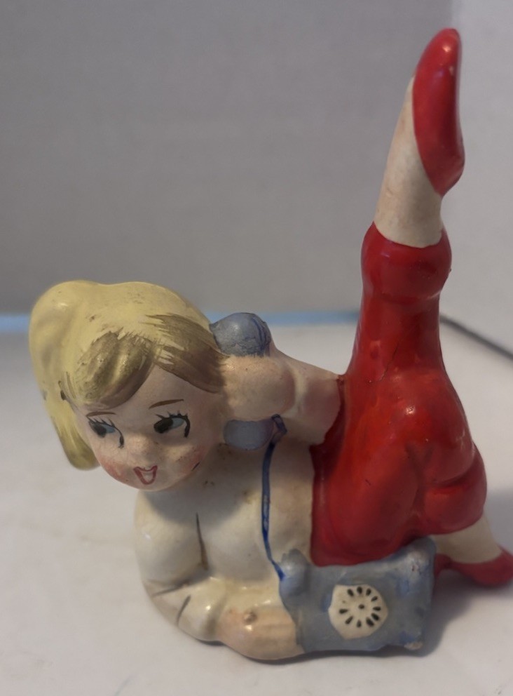 Vintage Japan 50’s-60’s Teenage Girl Telephone Ceramic Figurine