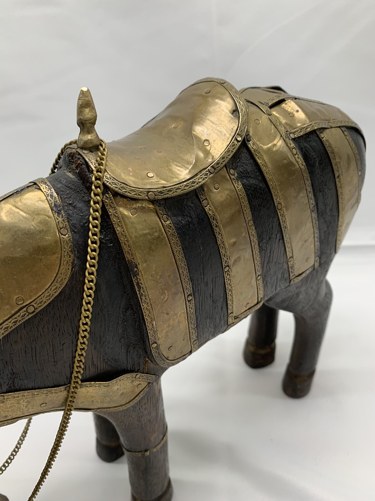 Brass Wood Armored Horse Carved Wooden And Brass. Vintage Carvings Decor