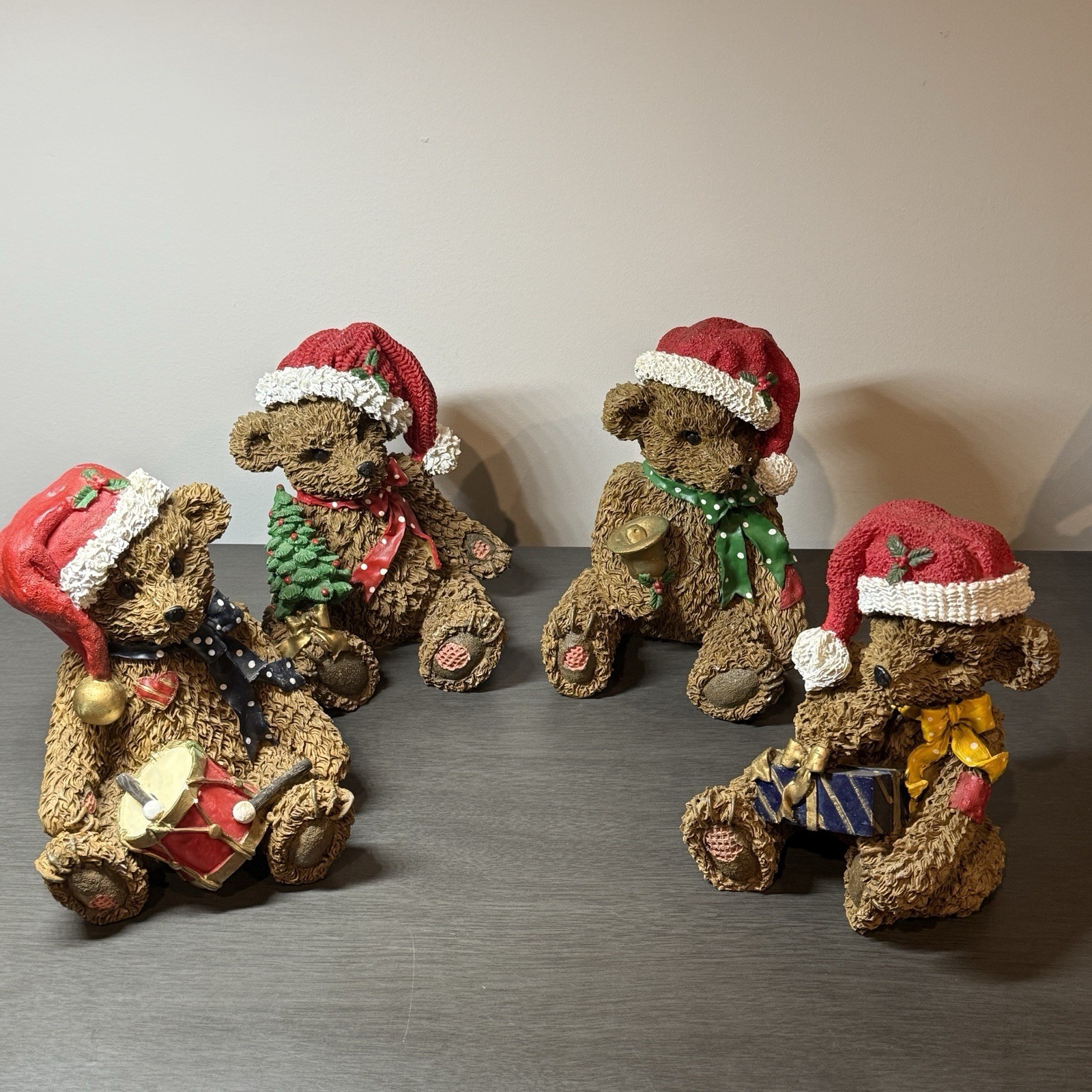 Set of 4 Resin Christmas Teddy Bears Santa Hats Figurine Gift Bell Tree Drum 6”