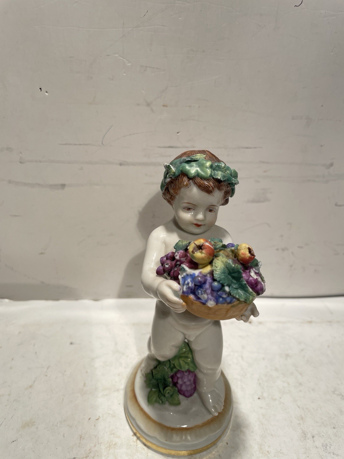 Antique Muller Volkstedt Porcelain Cherub Figurine Holding Fruit Basket J