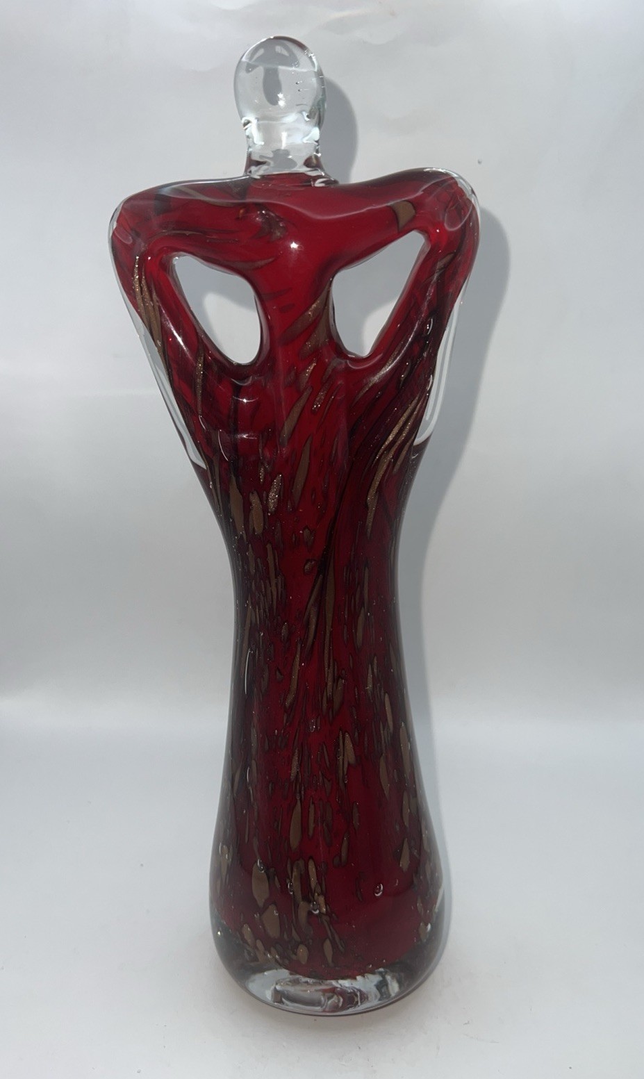 Vintage Art Glass Lady in Red, Gold Flecks Statue Figurine 10 1/2” Tall