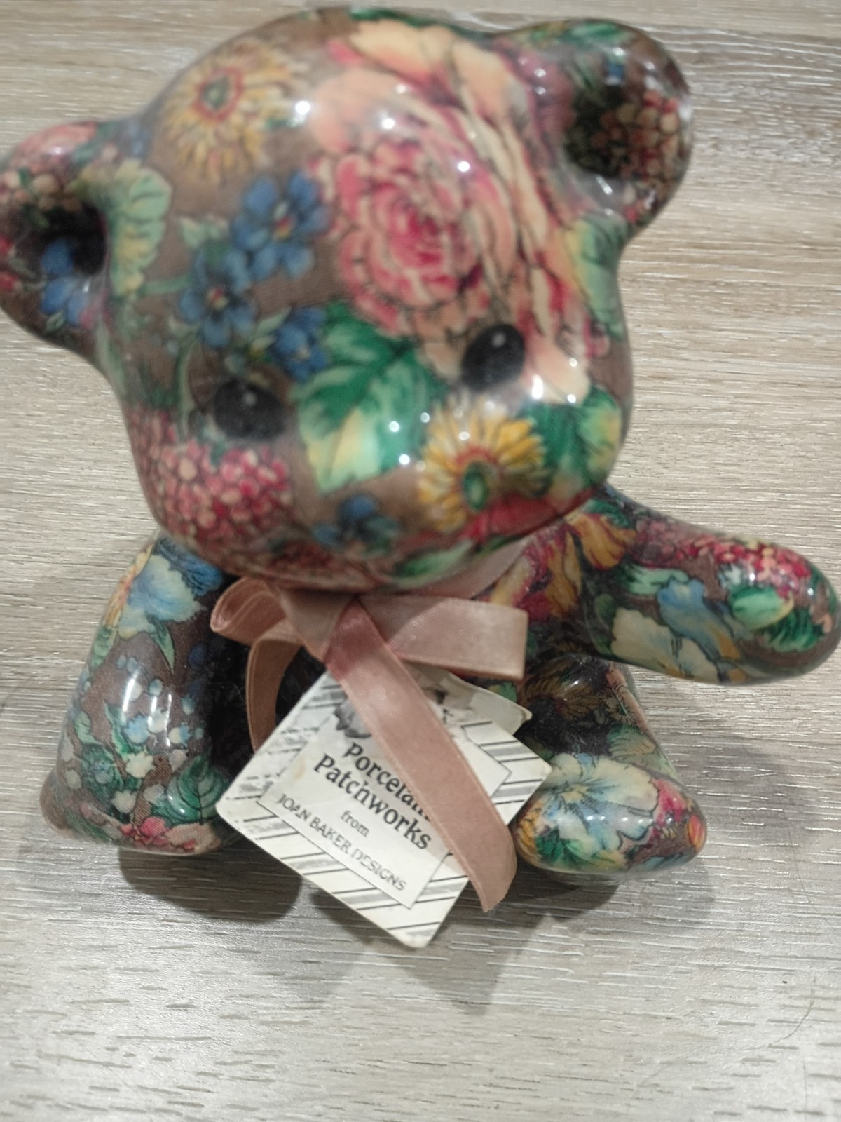 Joan Baker Designs Porcelain Patchworks Floral Bear Figurine Glossy Handmade
